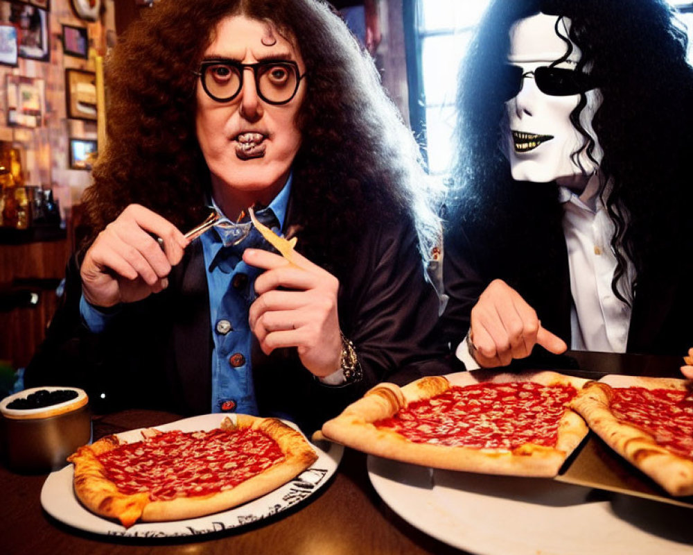 Two People in Quirky Masks Eating Pizza in Diner