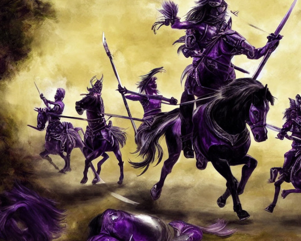 Purple-clad warriors on horseback charging through misty battlefield