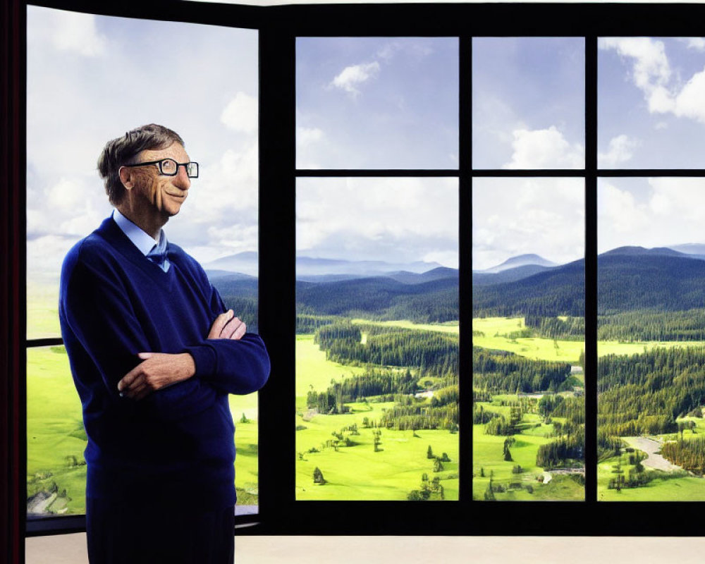 Person standing indoors by large window with scenic view of green hills and forests