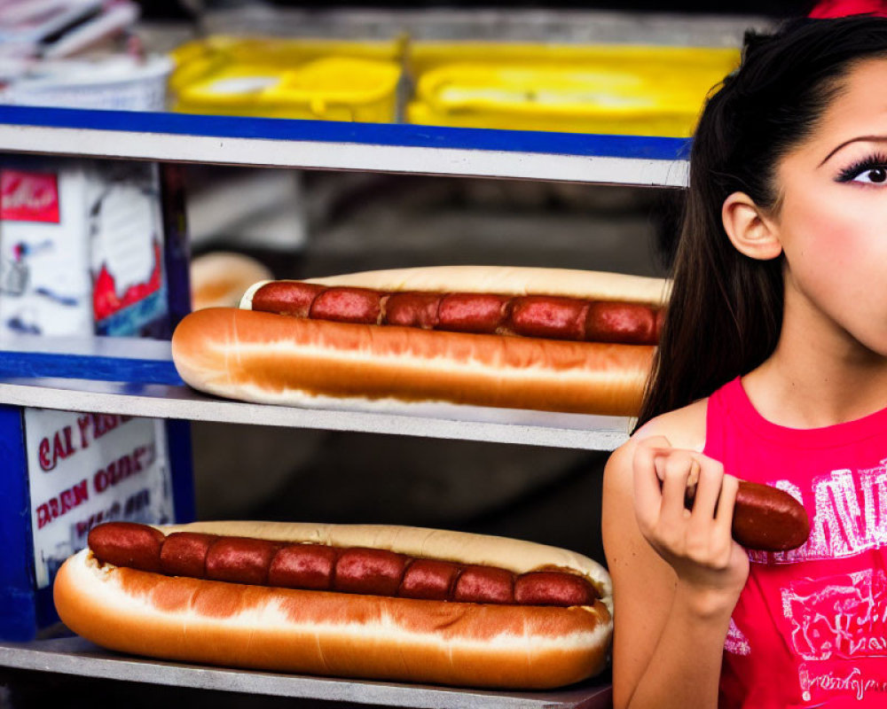 Young girl in red top gazes at hot dogs on food stand with mustard and ketchup.