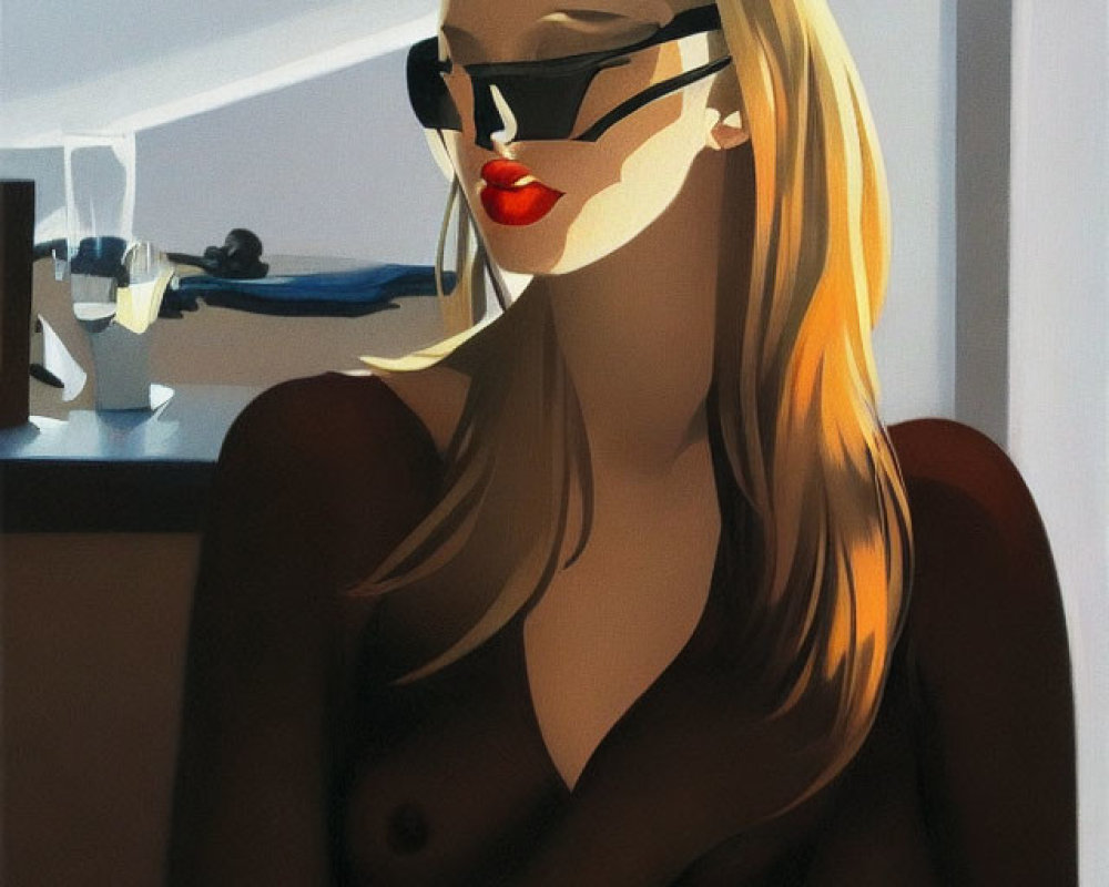 Blonde woman in sunglasses and blazer under dramatic lighting