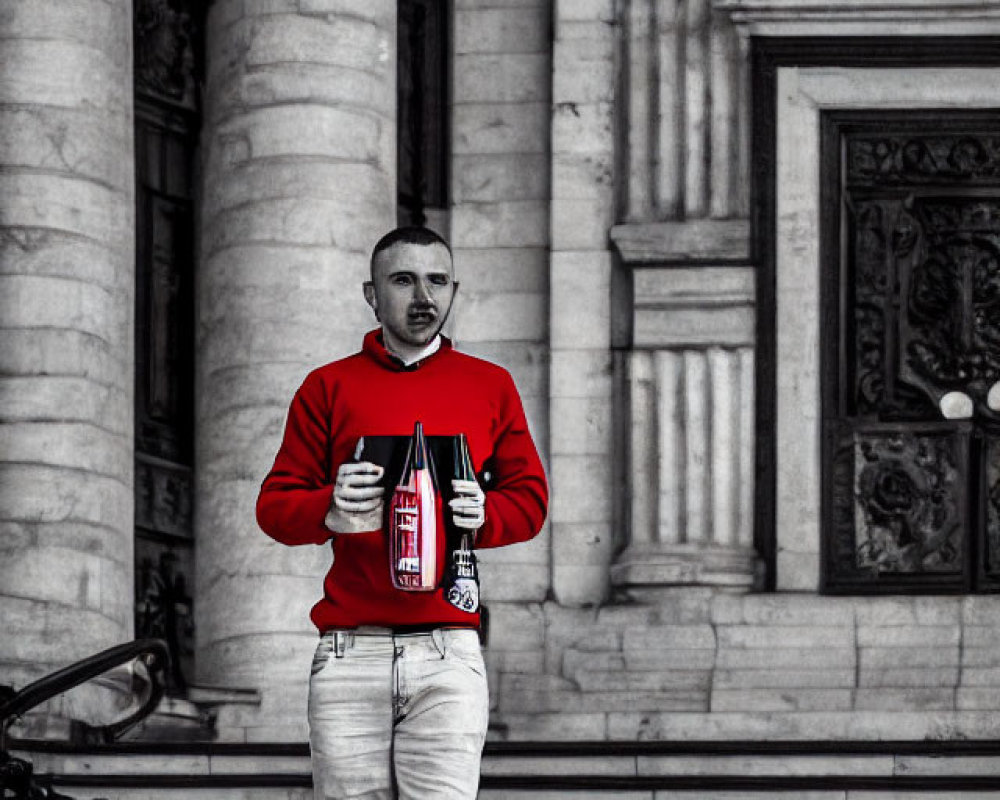 Man in Red Sweater and White Pants Holding Bottle in Front of Building with Ornate Columns, Select