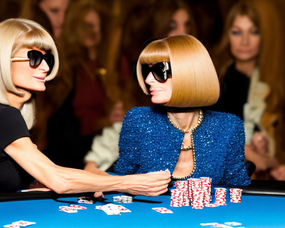 Two women with bob haircuts and sunglasses at a poker table with piles of chips