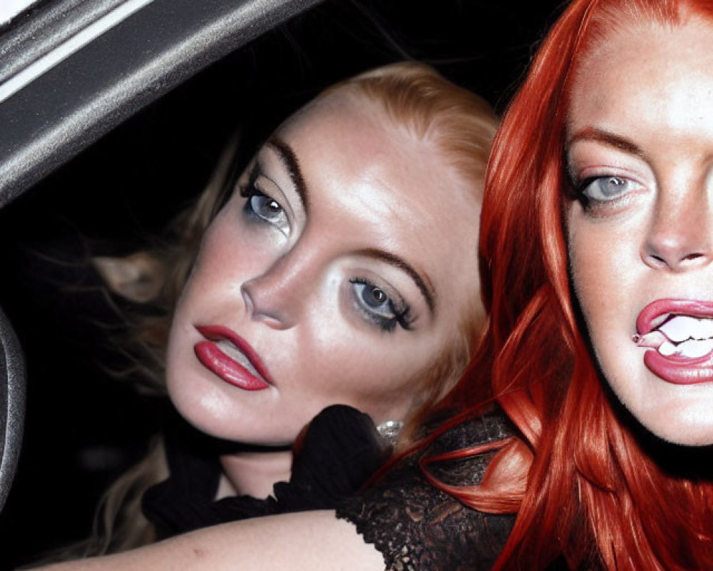 Two women with striking makeup in car window: platinum blonde and vibrant red hair, dark attire