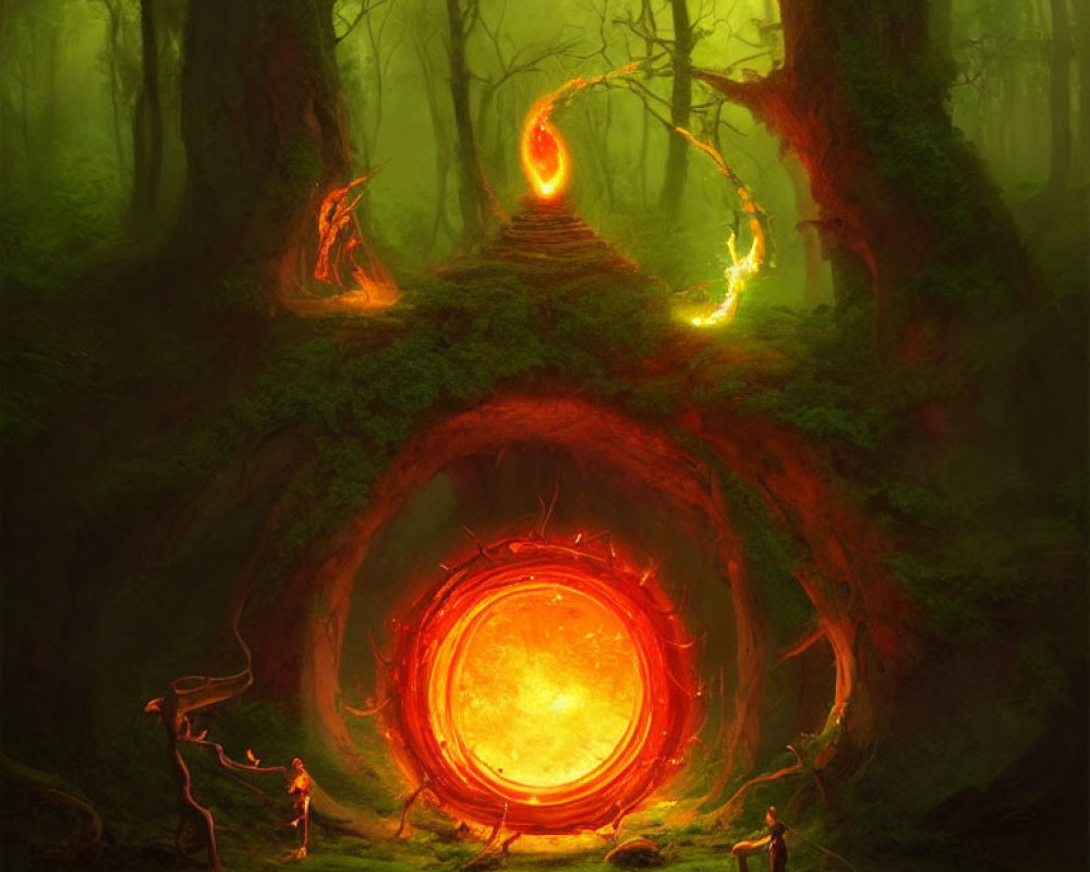 Enchanted forest with glowing portal and figures