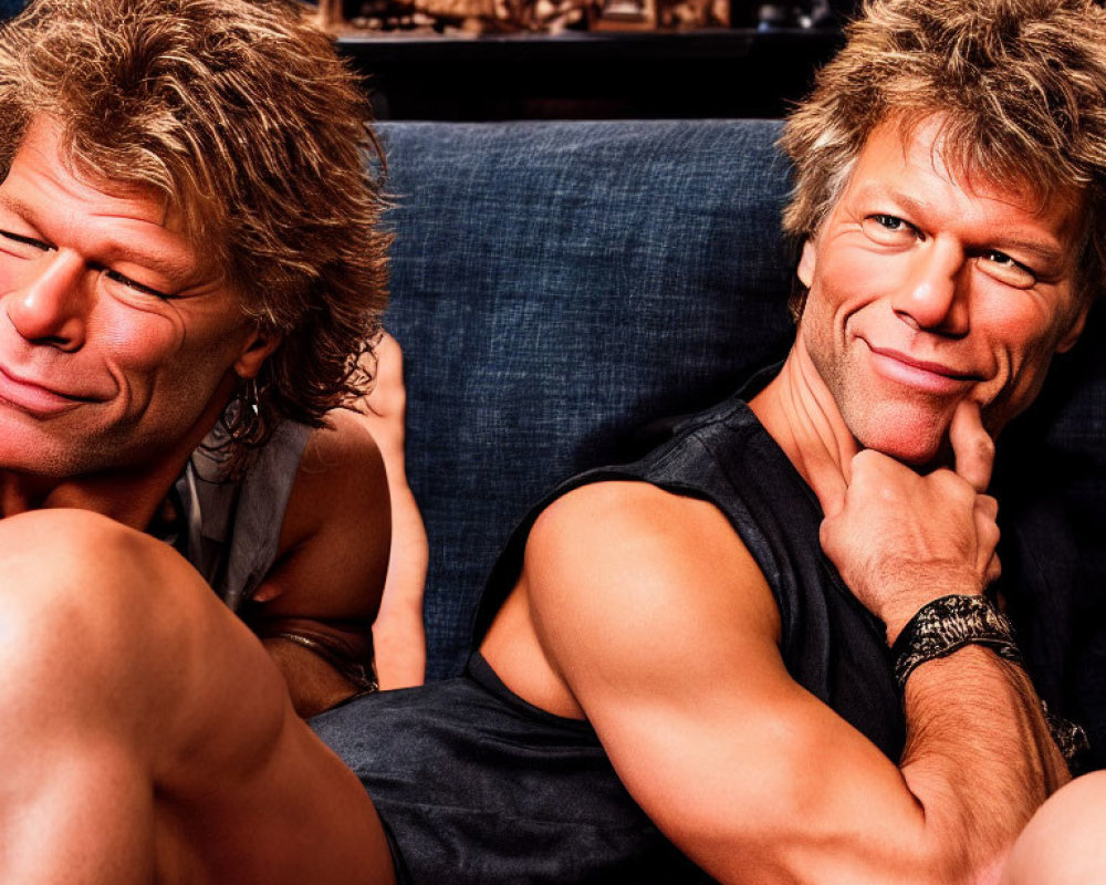 Identical men with shaggy blond hair and sleeveless tops, smiling at camera