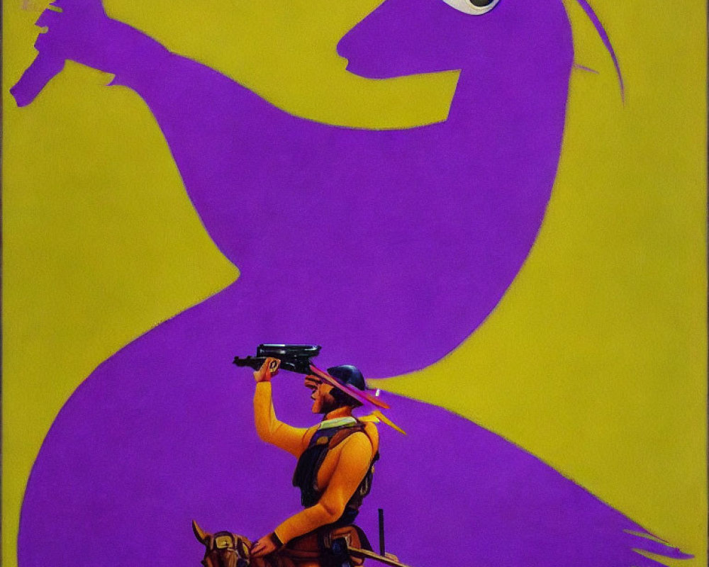 Cowboy in attire rides mechanical bull with purple shadow on yellow background