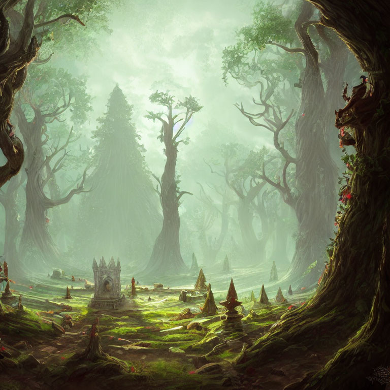 Mystical forest with ancient trees, shrine, and stone ruins