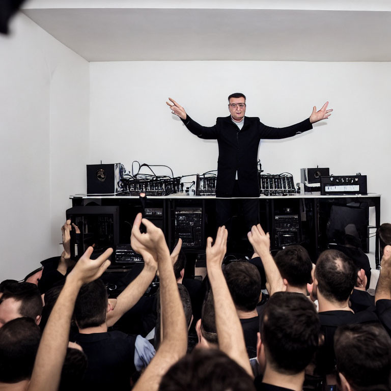 Man with raised arms at DJ booth in lively party with crowd