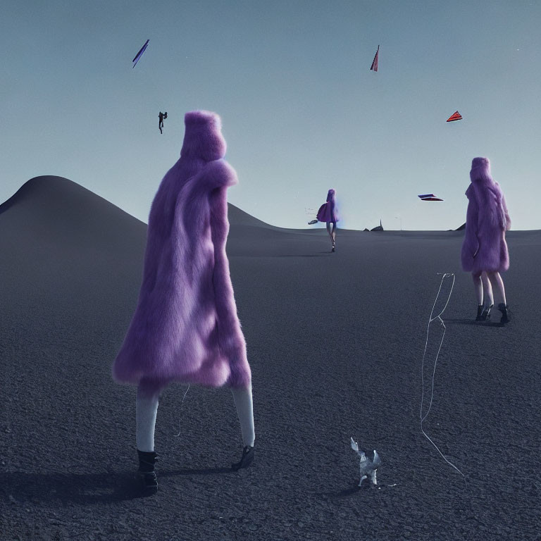 Purple-Coated Figures in Surreal Desert with Colorful Shapes and Chalk Outline