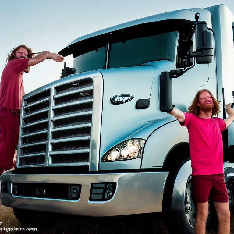 Bearded man in pink shirt and red shorts by blue semi-truck in field at dusk