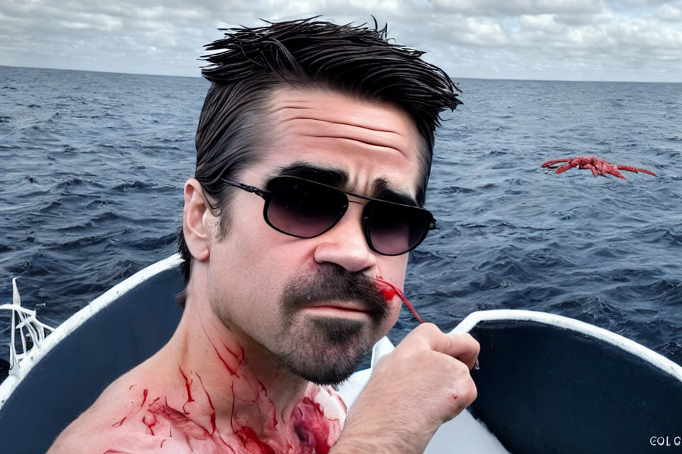 Man with bloodied face in boat touching lip, calm sea and red object in background