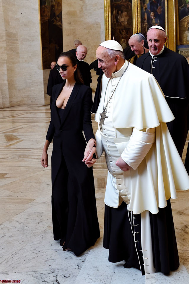 Woman in black suit with smiling man in white papal attire and two men in ecclesiastical