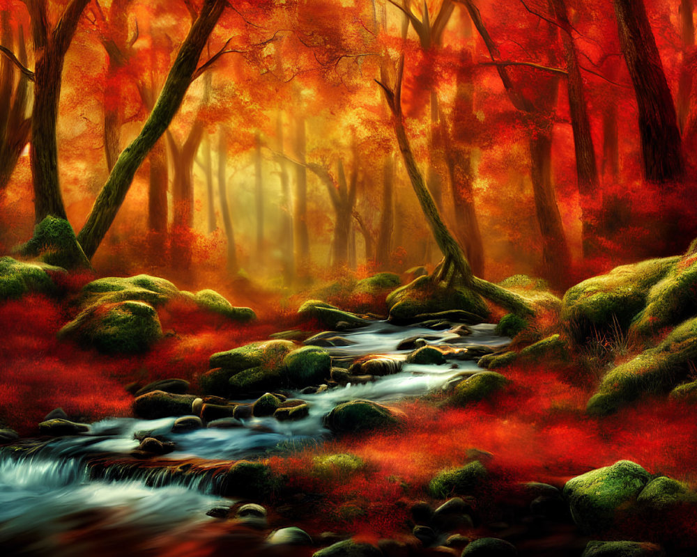 Vibrant autumn forest with babbling brook and dreamlike haze