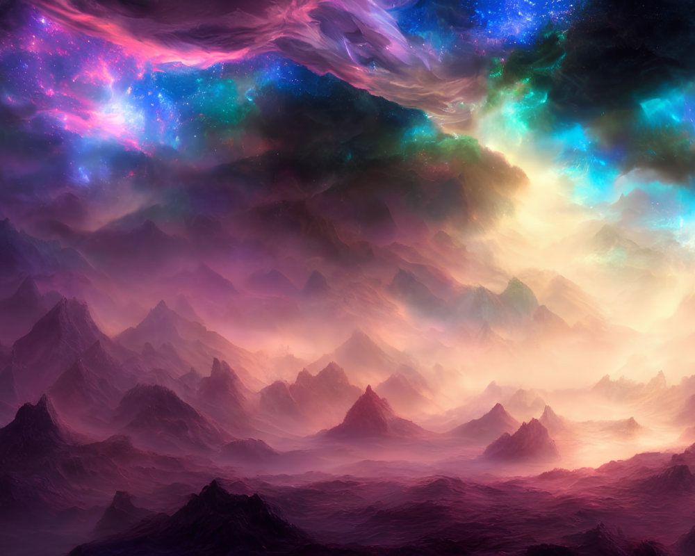 Majestic mountains under vibrant galaxy-filled sky