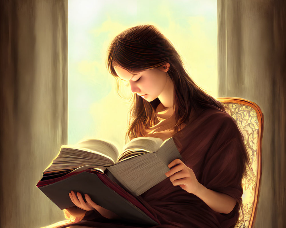 Young woman reading book by sunny window
