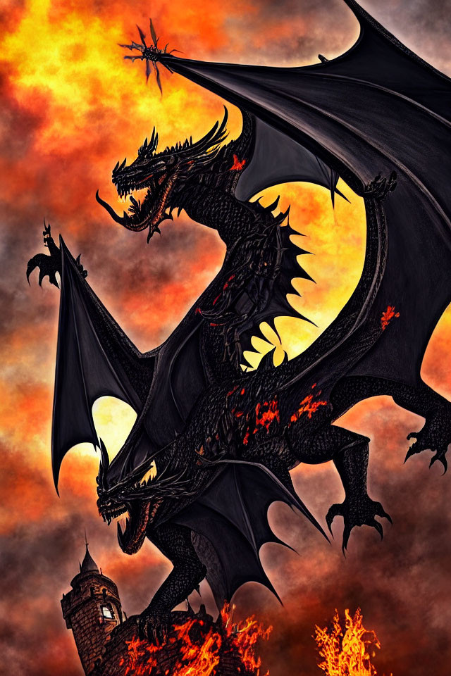 Black dragon with fiery orange accents flying over burning tower in red-orange sky
