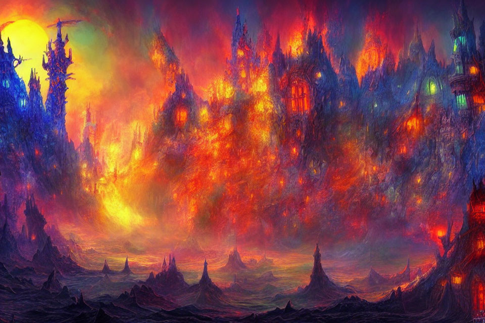 Burning cityscape with fiery backdrop and ominous sky