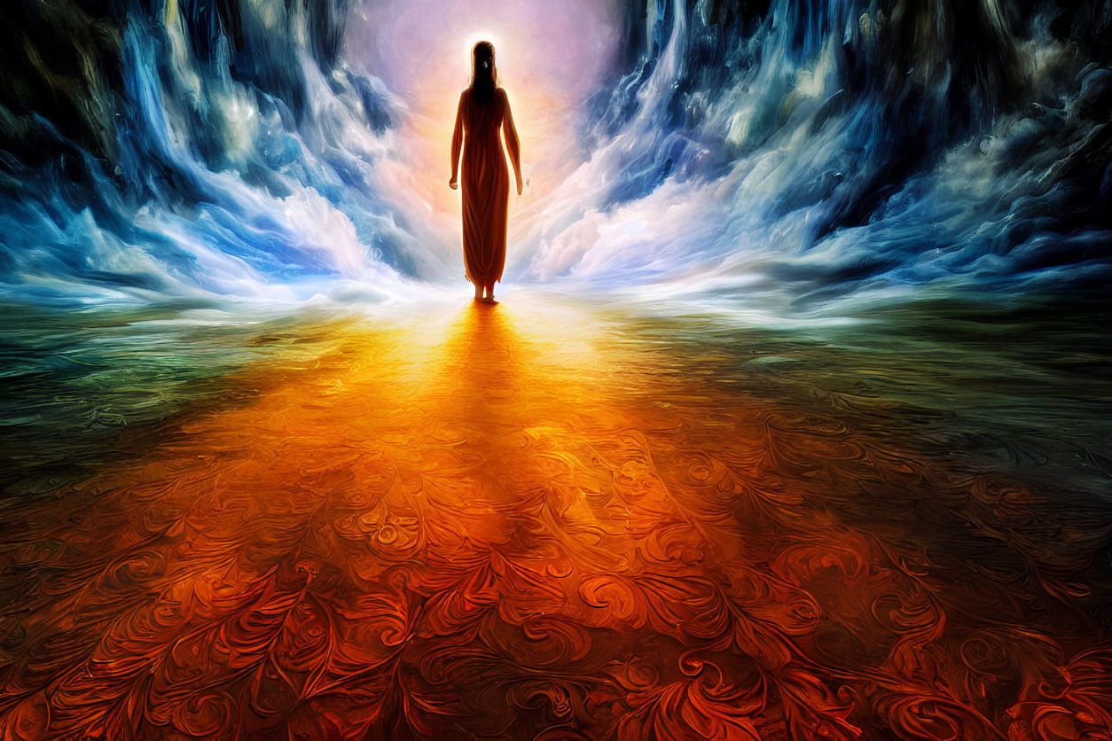Silhouette on fiery path with swirling clouds - mystical journey theme