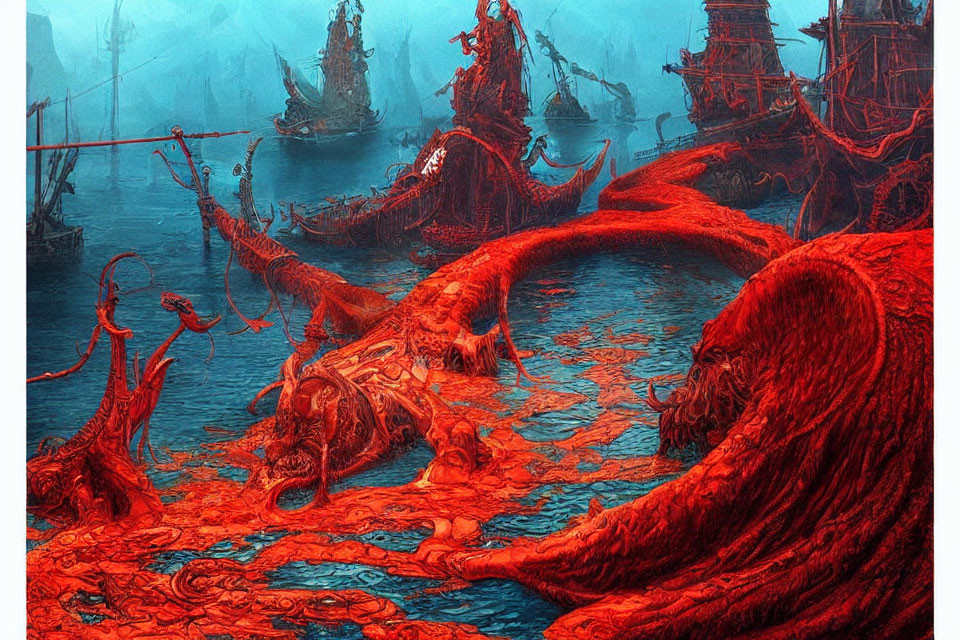 Red-tinted fantasy art featuring ships, tentacles, and a skull