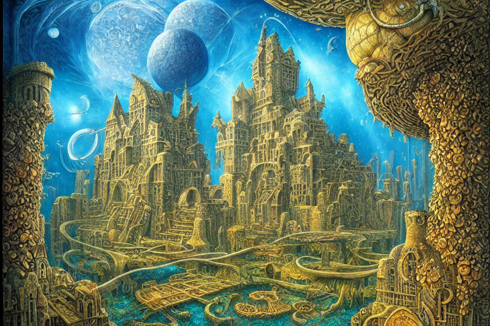 Underwater city with intricate buildings, marine life, and two moons.