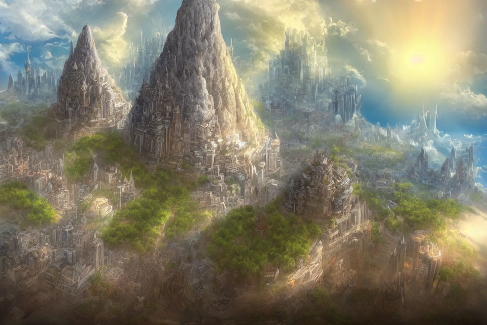 Majestic fantasy landscape with mountains, ruins, forests, and distant sunlit spires