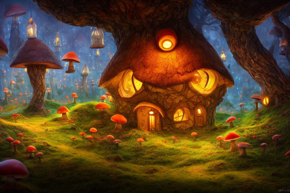 Magical forest with cozy tree house and glowing mushrooms