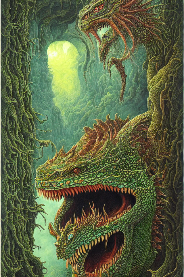 Menacing dragons in forest setting with eerie green backdrop