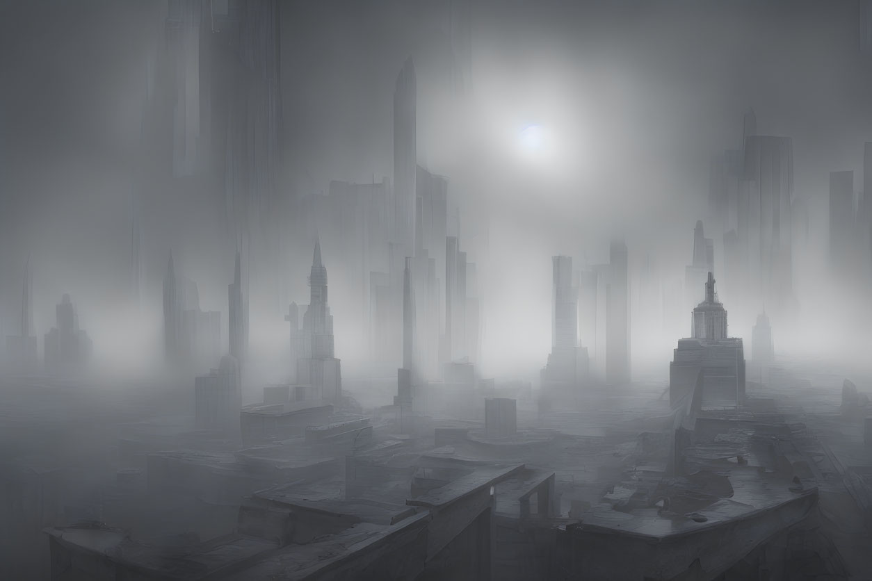 Monochromatic misty cityscape with fog-covered skyscrapers