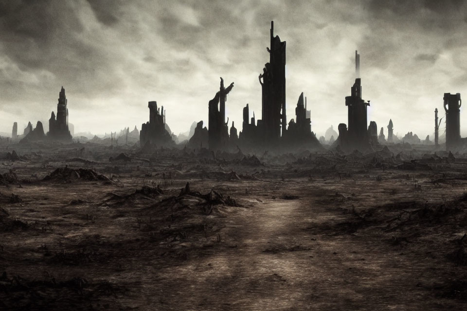 Desolate landscape with path to dark ruins under gloomy sky