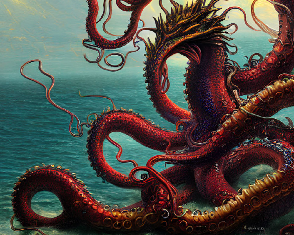 Fantasy sea creature with twisting tentacles and crown-like appendage emerges from ocean under stormy sky