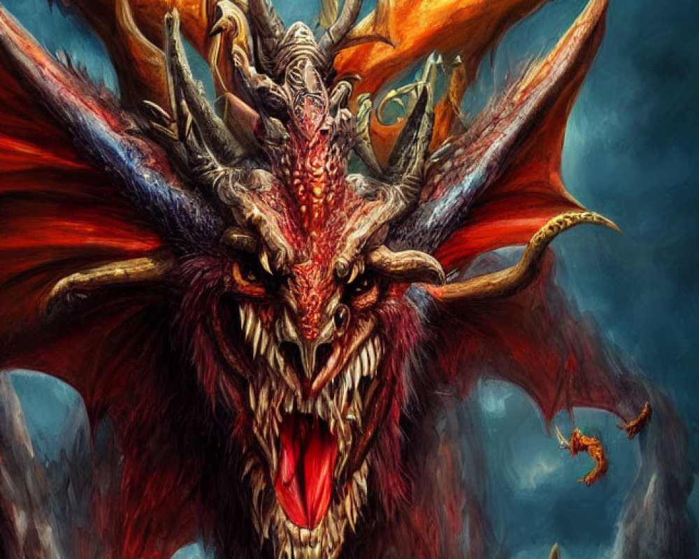 Red dragon with sprawling horns and sharp fangs roaring under stormy sky