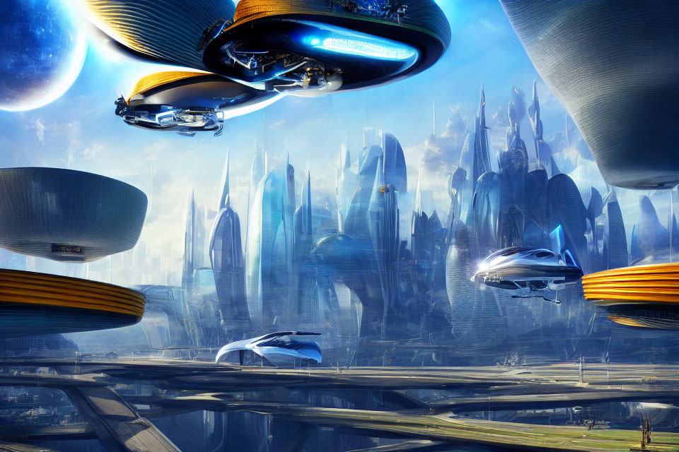Futuristic cityscape with skyscrapers, flying vehicles, and floating structures