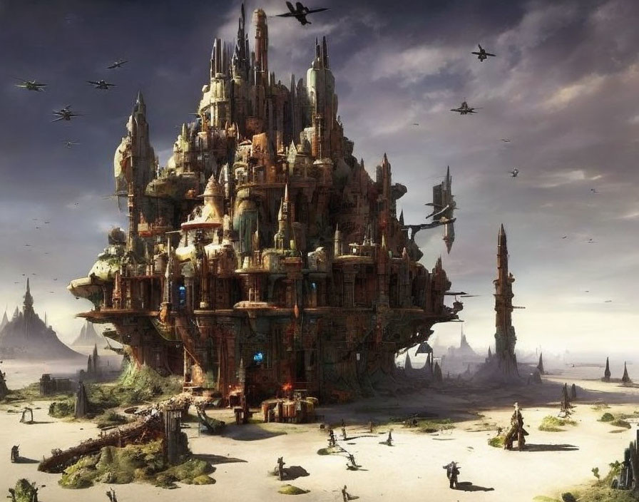 Floating city with towering spires and flying craft in desolate landscape.