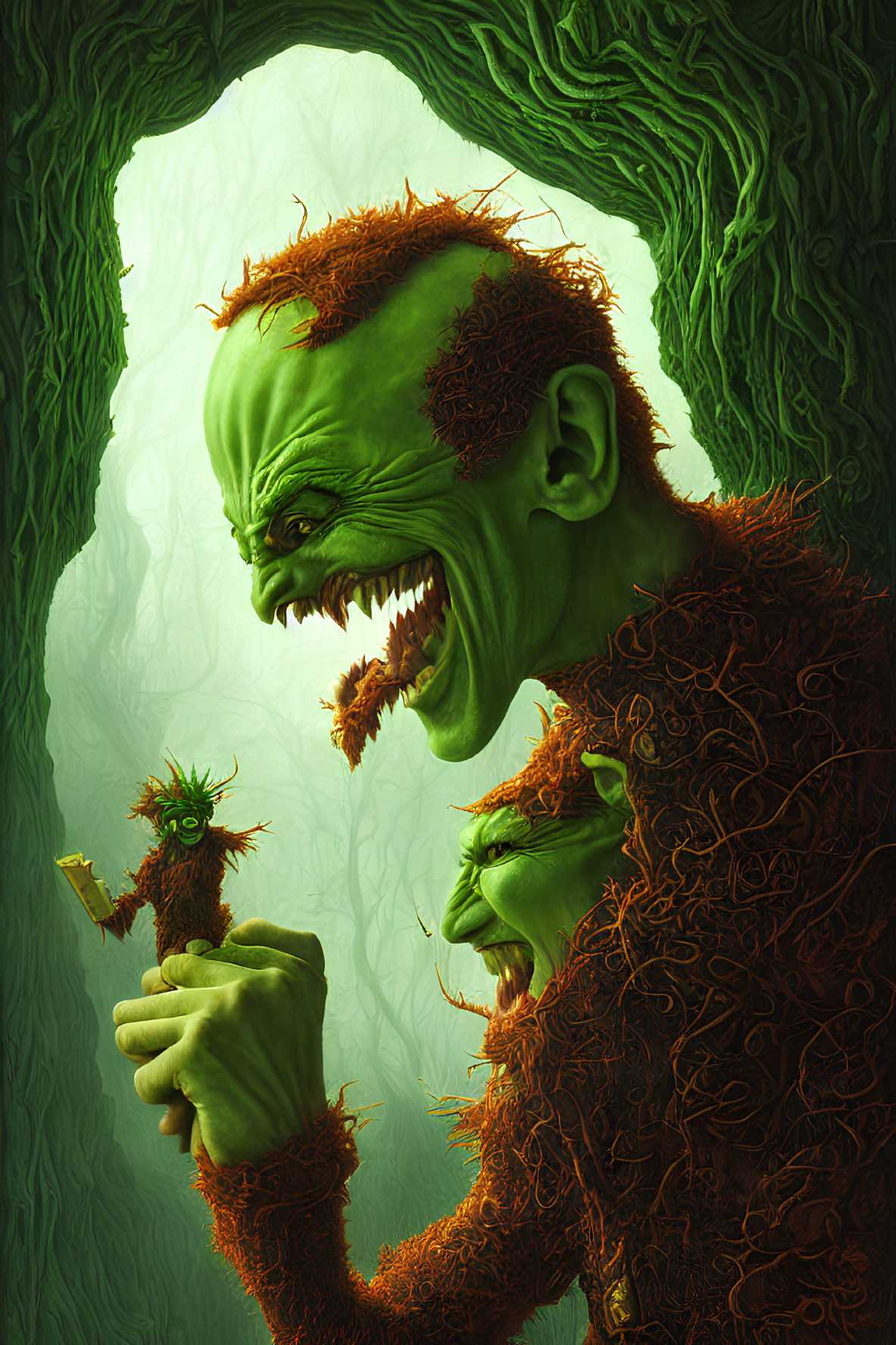 Menacing green creature with sharp teeth holding small creature in forest setting