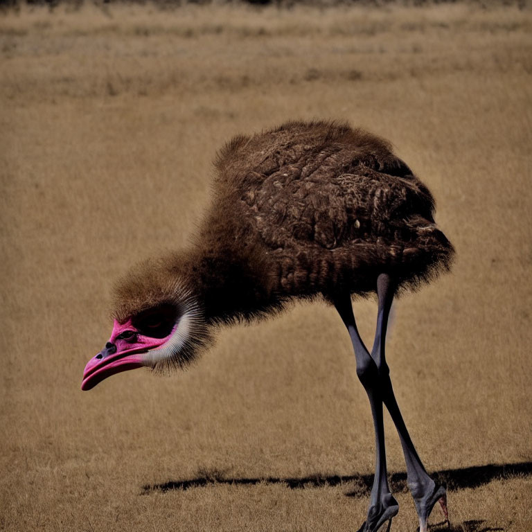 Young ostrich with fluffy brown body and pink beak in grassy field