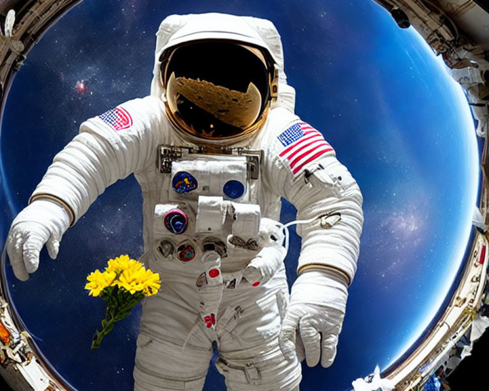Astronaut in space suit holding yellow flowers with Earth in background