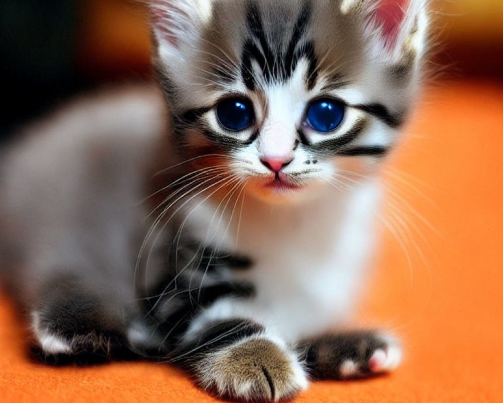 Grey kitten with blue eyes on orange surface
