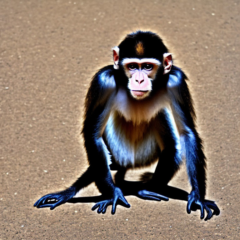 Colorful Baboon Crouching on Sand with Sharp Shadow