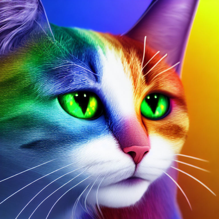 Vibrant Rainbow Cat with Green Eyes Close-Up