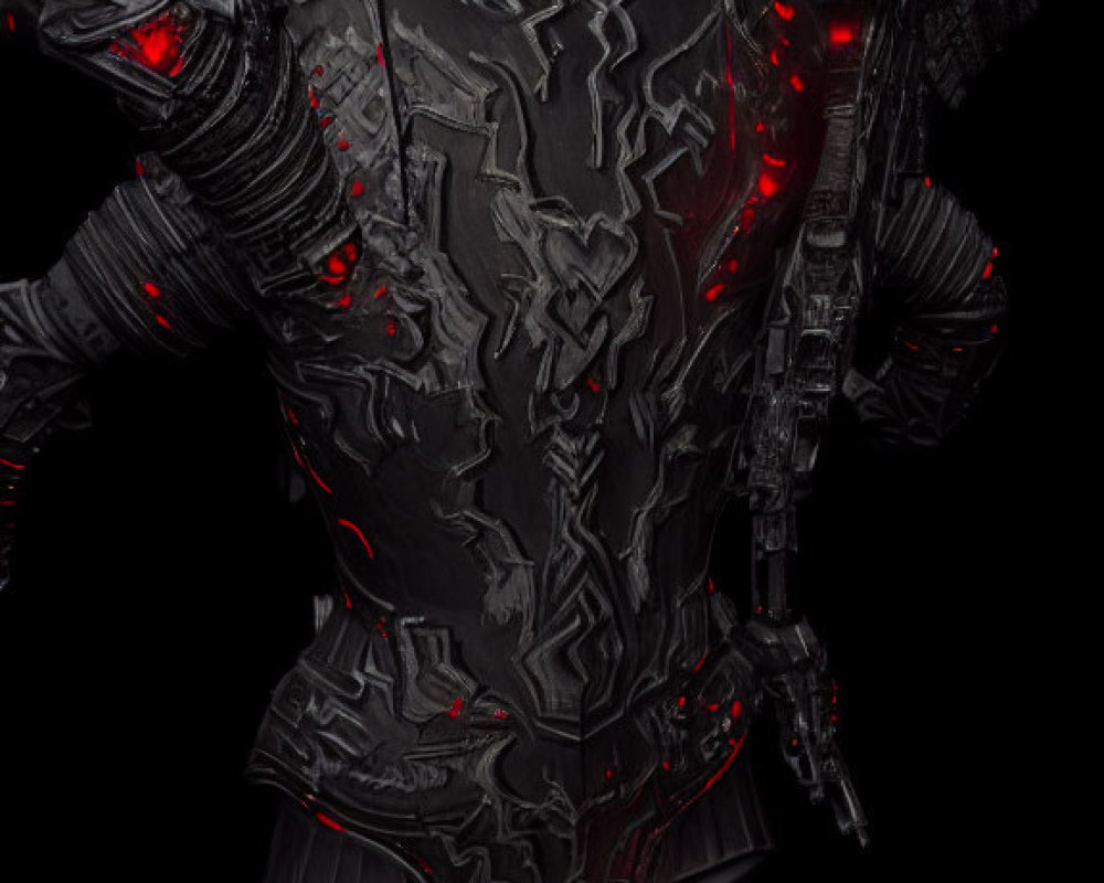 Black armor with sharp spikes and red glowing accents on dark background