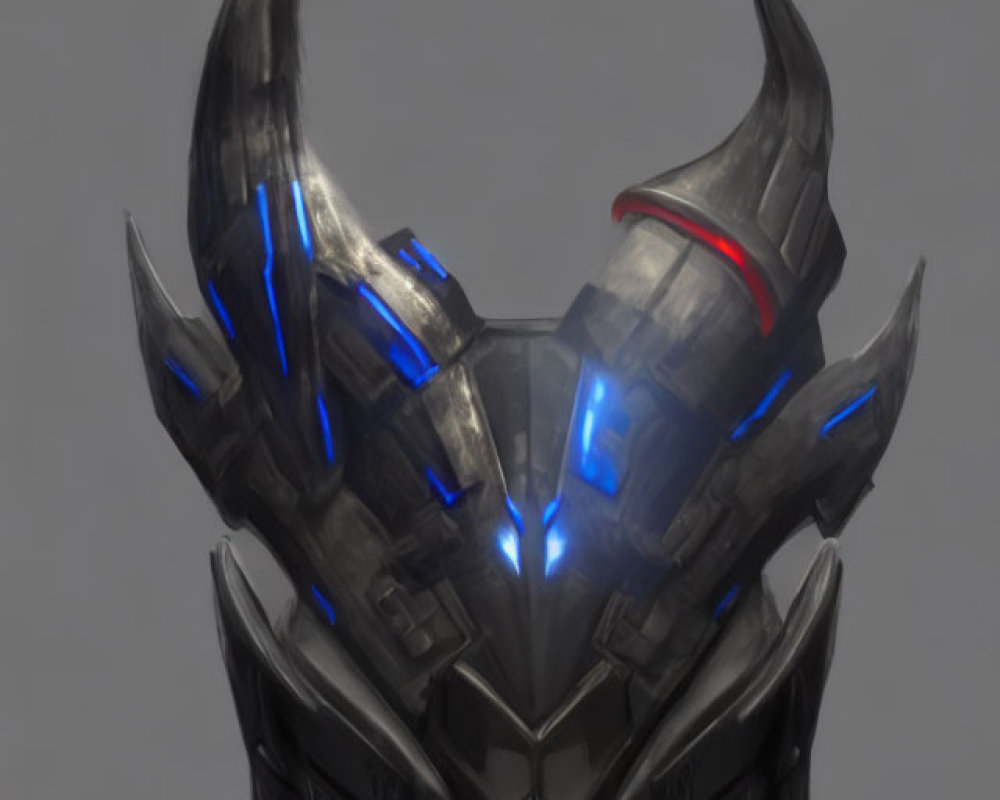 Black and metallic futuristic helmet with horns, blue accents, and red highlight