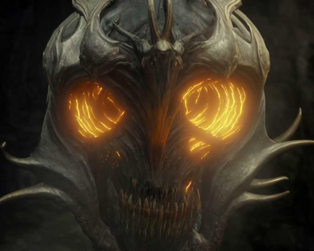 Menacing skull with horns and glowing orange eyes on dark stone background
