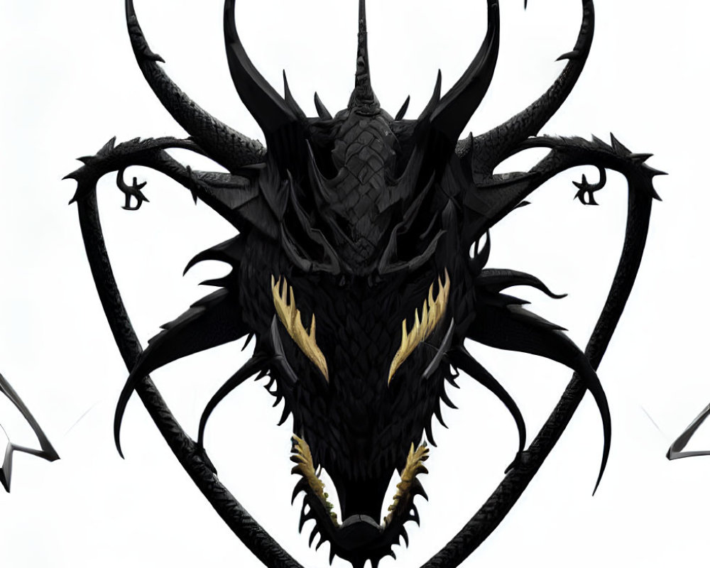 Stylized black dragon head with sharp horns and golden eyes in dragon-shaped outline
