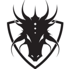 Stylized black dragon head with sharp horns and golden eyes in dragon-shaped outline