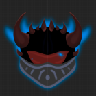 Symmetrical fantasy creature head with red glowing eyes and horns on grid background