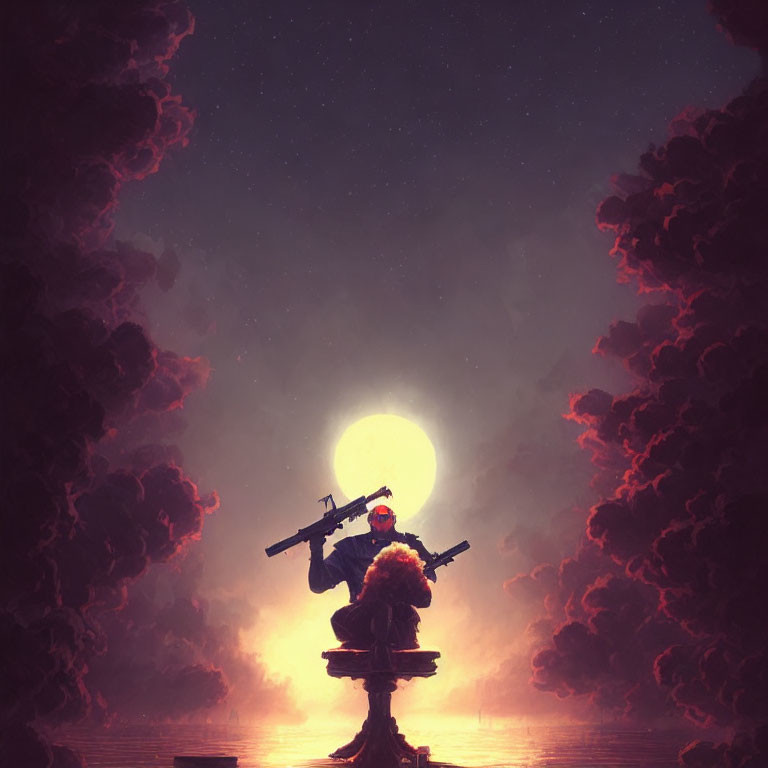 Silhouetted figure with sword on stone pedestal under full moon
