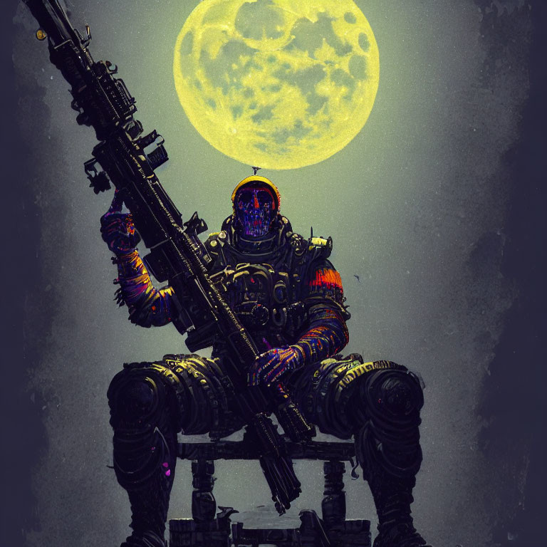 Futuristic soldier in exoskeleton armor with a large gun against glowing yellow moon