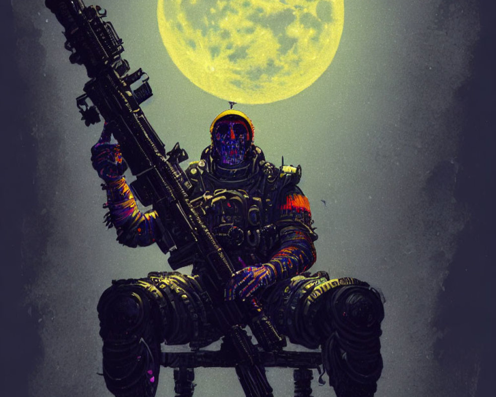 Futuristic soldier in exoskeleton armor with a large gun against glowing yellow moon