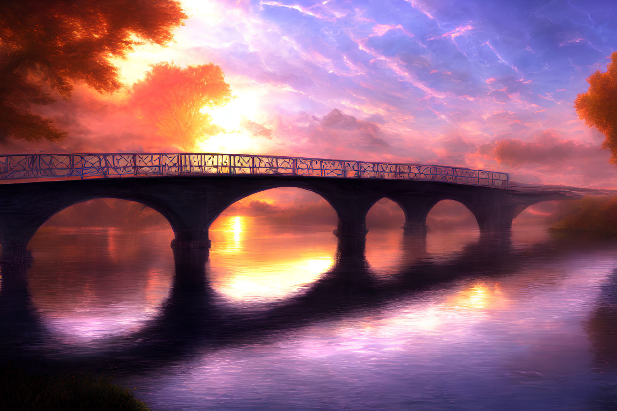 Scenic bridge over tranquil river at sunset